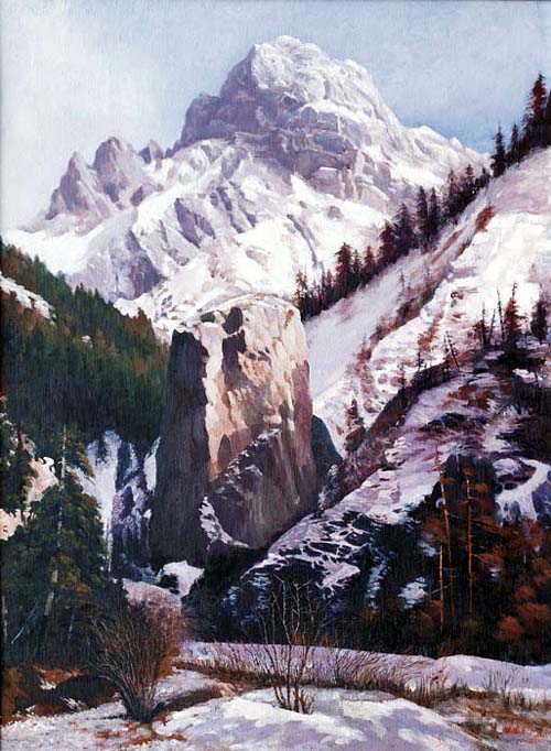 著名画家张国平先生油画作品欣赏-《雪线》2002年 100