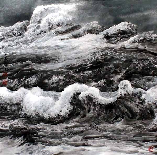 刘坤山水画作品-雪舞浪歌(69×69cm)