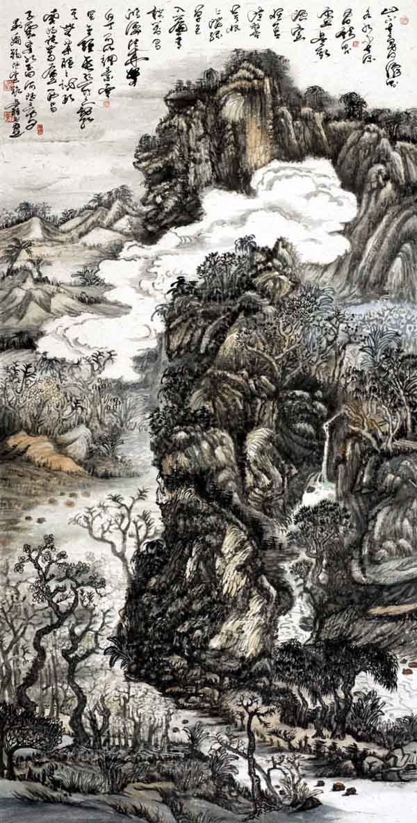 吴维2014创作名称:山不高有仙则名、尺寸:138-68印章统一为、吴维、子虔、