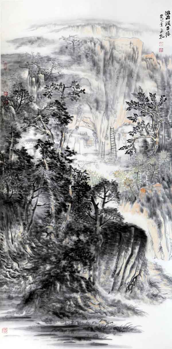 中国山水画家张永乾作品:微雨润山庄136X68
