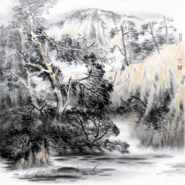 中国山水画家张永乾作品:晨露涤尘埃68X68