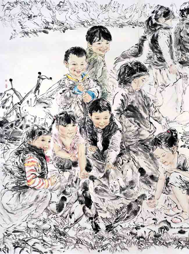 中国人物画家白莲作品欣赏：童年