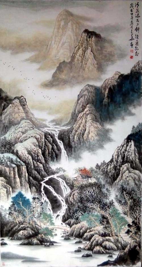 边久华山水画：《清泉流石上斜径通孤村》作品规格：139x68(cm)