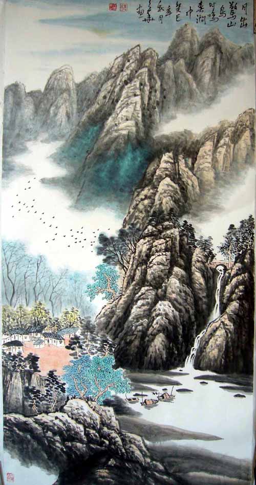 边久华山水画：《月出惊山鸟时鸣春涧中》作品规格：139x68(cm)