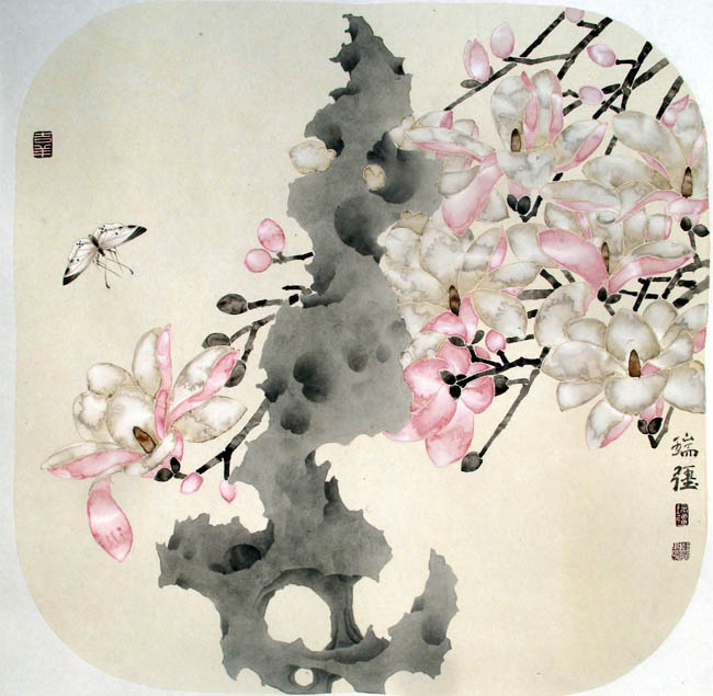 青年艺术家靳瑞强作品:玉兰蝴蝶图