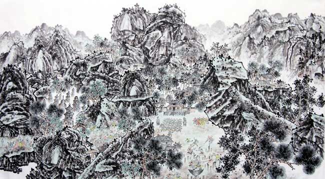 画家刘柏山先生作品欣赏：千年古刹禅拳少林94x176cm