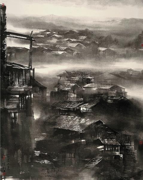 陈辉 苗寨之晨 160×200cm 水墨纸本 2011年