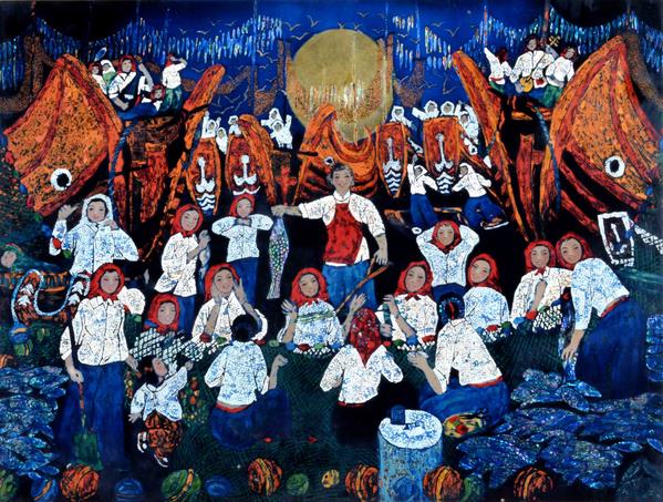 《渔家乐》-梁金城、林提升-漆画-60cm×80cm-2016年